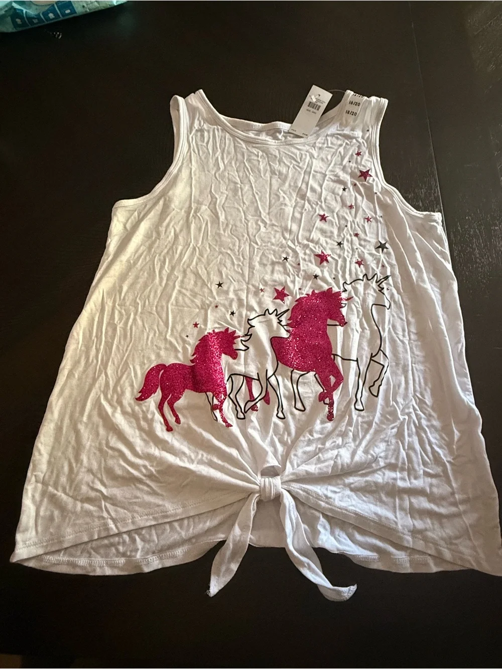 Justice White Tank Top with Pink Glitter Unicorns 18/20 brand new